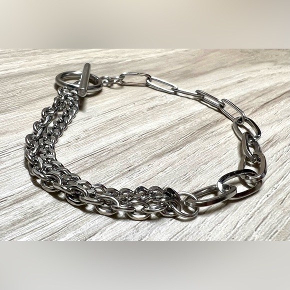 Asymmetrical Stainless Steel Paper Clip Toggle Bracelet, 8” - Picture 3 of 5